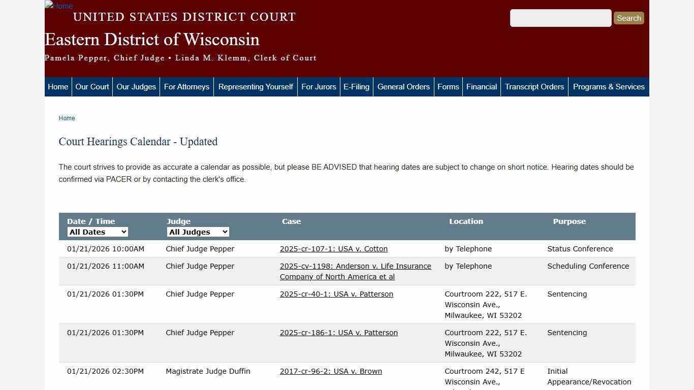 Court Hearings Calendar - Updated | Eastern District of Wisconsin | United States District Court
